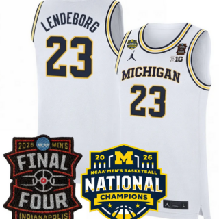 Men's Michigan Wolverines #23 Yaxel Lendeborg White 2025 26 Final Four & National Champions Patch Stitched Basketball Jersey