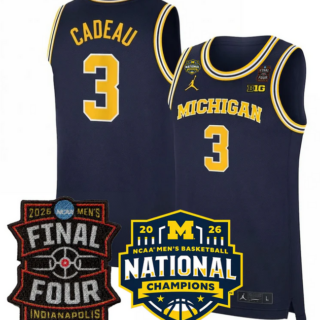 Men's Michigan Wolverines #3 Elliot Cadeau Navy 2025 26 Final Four & National Champions Patch Stitched Basketball Jersey