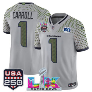 Men's Seattle Seahawks #1 Pete Carroll Gray 2025 F.U.S.E. Super Bowl LX & US 250th anniversary Patch And 50th Season Patch Rivalries Vapor Limited Football Stitched Jersey