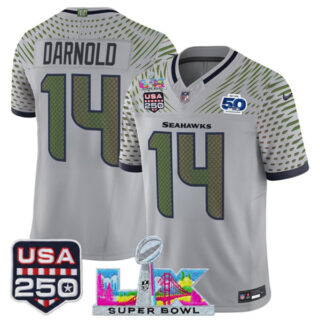 Men's Seattle Seahawks #14 Sam Darnold Gray 2025 F.U.S.E. Super Bowl LX & US 250th anniversary Patch And 50th Season Patch Rivalries Vapor Limited Football Stitched Jersey