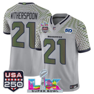 Men's Seattle Seahawks #21 Devon Witherspoon Gray 2025 F.U.S.E. Super Bowl LX & US 250th anniversary Patch And 50th Season Patch Rivalries Vapor Limited Football Stitched Jersey