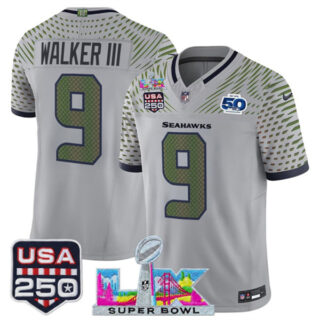 Men's Seattle Seahawks #9 Kenneth Walker III Gray 2025 F.U.S.E. Super Bowl LX & US 250th anniversary Patch And 50th Season Patch Rivalries Vapor Limited Football Stitched Jersey