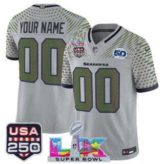 Men's Seattle Seahawks Active Player Custom Gray 2025 F.U.S.E. Super Bowl LX & US 250th anniversary Patch And 50th Season Patch Rivalries Vapor Limited Football Stitched Jersey