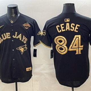 Men's Toronto Blue Jays #84 Dylan Cease Black Gold 2025 American League Champions Limited Stitched Baseball Jersey