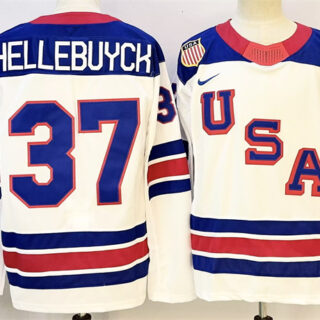 Men's USA #37 Connor Hellebuyck White 2025-2026 Stitched Jersey