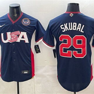 Men's USA Baseball #29 Tarik Skubal Navy 2026 World Baseball Classic United States 250th Anniversary Patch Road Stadium Stitched Jersey