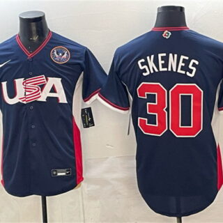 Men's USA Baseball #30 Paul Skenes Navy 2026 World Baseball Classic United States 250th Anniversary Patch Road Stadium Stitched Jersey