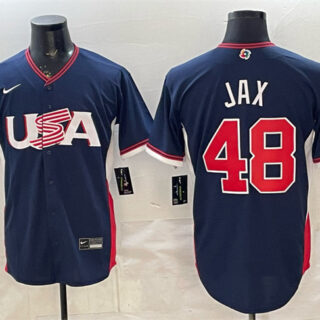 Men's USA Baseball #48 Griffin Jax Navy 2026 World Baseball Classic Road Stadium Stitched Jersey