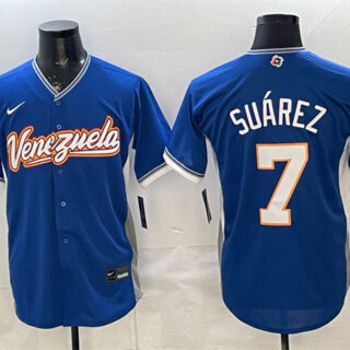 Men's Venezuela Baseball #7 Eugenio Suarez Royal 2026 World Baseball Classic Road Stadium Stitched Jersey