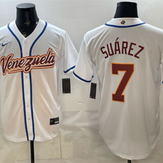 Men's Venezuela Baseball #7 Eugenio Suarez White 2026 World Baseball Classic Home Stadium Stitched Jersey
