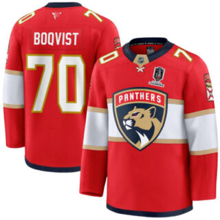 Men's Florida Panthers #70 Jesper Boqvist Red Home 2025 Stanley Cup Champions Stitched Jersey