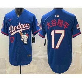 Men's Los Angeles Dodgers #17 Shohei Ohtani Blue Japanese Hello Kitty 2025 World Series Champions Limited Jersey