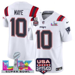 Men's New England Patriots #10 Drake Maye White 2025 F.U.S.E. Super Bowl LX USA 250 Vapor Limited Football Stitched Jersey