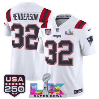 Men's New England Patriots #32 TreVeyon Henderson White 2025 F.U.S.E. Super Bowl LX And USA 250 Vapor Limited Football Stitched Jersey