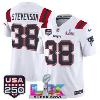 Men's New England Patriots #38 Rhamondre Stevenson White 2025 F.U.S.E. Super Bowl LX And USA 250 Vapor Limited Football Stitched Jersey