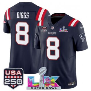 Men's New England Patriots #8 Stefon Diggs Navy 2025 F.U.S.E. Super Bowl LX And USA 250 Vapor Limited Football Stitched Jersey