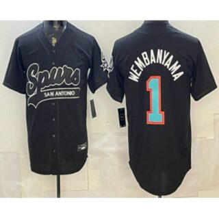 Men's San Antonio Spurs #1 Victor Wembanyama Black Stitched Baseball Jersey