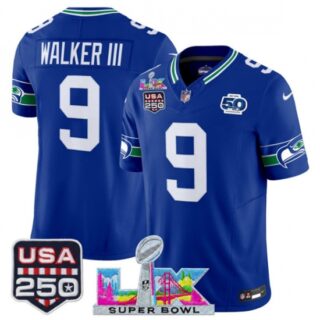 Men's Seattle Seahawks #9 Kenneth Walker III Royal 2025 F.U.S.E. Super Bowl LX And 50th Season and USA 250 Vapor Throwback Limited Football Stitched Jersey
