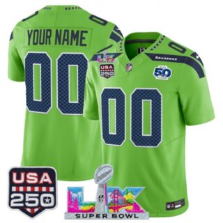 Men's Seattle Seahawks Active Player Custom Green 2025 F.U.S.E. Super Bowl LX and US 250th anniversary Patch And 50th Season Patch Vapor Limited Football Sti