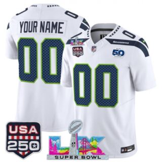 Men's Seattle Seahawks Active Player Custom White 2025 F.U.S.E. Super Bowl LX and US 250th anniversary Patch And 50th Season Patch Vapor Limited Football Sti