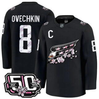 Men's Washington Capitals #8 Alex Ovechkin 50th Anniversary Cherry Blossom Premium Black Jersey - All Stitched