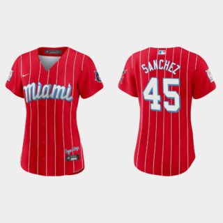 Miami Marlins #45 Sixto Sanchez Women's Nike 2021 City Connect Authentic MLB Jersey Red
