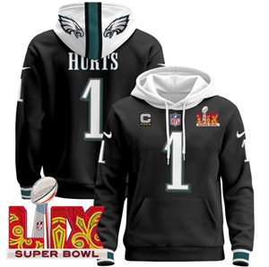 Men's Philadelphia Eagles Super Bowl LIX Patch Pullover Hoodie Black Jalen Hurts 1