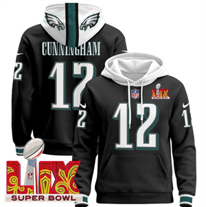 Men's Philadelphia Eagles Super Bowl LIX Patch Pullover Hoodie Black Randall Cunningham 12