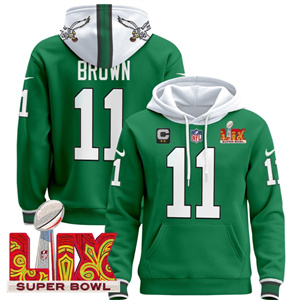 Men's Philadelphia Eagles Super Bowl LIX Patch Pullover Hoodie Kelly Green A.J. Brown 11