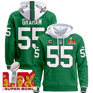 Men's Philadelphia Eagles Super Bowl LIX Patch Pullover Hoodie Kelly Green Brandon Graham55