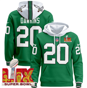 Men's Philadelphia Eagles Super Bowl LIX Patch Pullover Hoodie Kelly Green Brian Dawkins 20