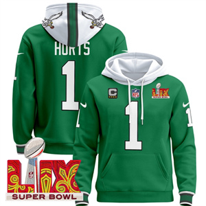 Men's Philadelphia Eagles Super Bowl LIX Patch Pullover Hoodie Kelly Green Jalen Hurts 1