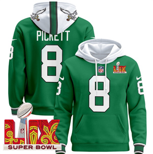 Men's Philadelphia Eagles Super Bowl LIX Patch Pullover Hoodie Kelly Green Kenny Pickett 8