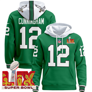 Men's Philadelphia Eagles Super Bowl LIX Patch Pullover Hoodie Kelly Green Randall Cunningham 12