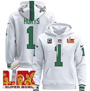 Men's Philadelphia Eagles Super Bowl LIX Patch Pullover Hoodie Kelly White Jalen Hurts1
