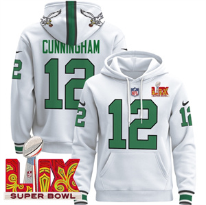 Men's Philadelphia Eagles Super Bowl LIX Patch Pullover Hoodie Kelly White Randall Cunningham 12