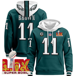 Men's Philadelphia Eagles Super Bowl LIX Patch Pullover Hoodie Midnight Green A.J. Brown 11