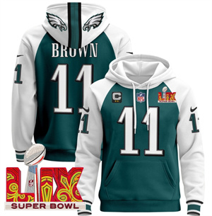 Men's Philadelphia Eagles Super Bowl LIX Patch Pullover Hoodie Midnight Green A.J. Brown 11