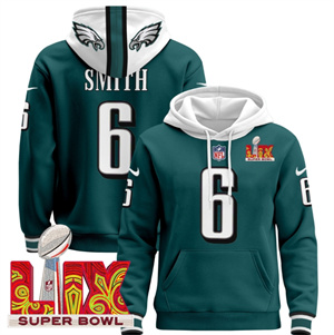 Men's Philadelphia Eagles Super Bowl LIX Patch Pullover Hoodie Midnight Green DeVonta Smith 6
