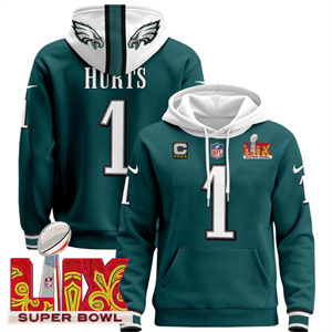 Men's Philadelphia Eagles Super Bowl LIX Patch Pullover Hoodie Midnight Green Jalen Hurts 1