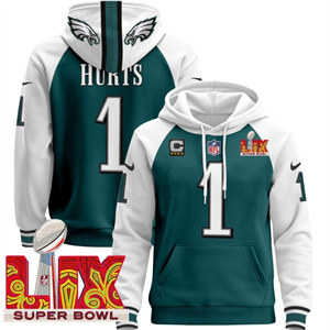 Men's Philadelphia Eagles Super Bowl LIX Patch Pullover Hoodie Midnight Green Jalen Hurts1