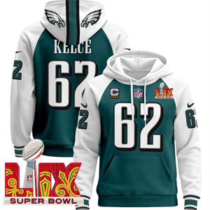 Men's Philadelphia Eagles Super Bowl LIX Patch Pullover Hoodie Midnight Green Jason Kelce62