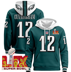 Men's Philadelphia Eagles Super Bowl LIX Patch Pullover Hoodie Midnight Green Randall Cunningham 12