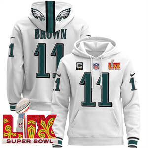 Men's Philadelphia Eagles Super Bowl LIX Patch Pullover Hoodie White A.J. Brown 11
