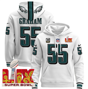 Men's Philadelphia Eagles Super Bowl LIX Patch Pullover Hoodie White Brandon Graham 55