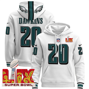 Men's Philadelphia Eagles Super Bowl LIX Patch Pullover Hoodie White Brian Dawkins 20