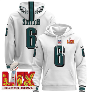 Men's Philadelphia Eagles Super Bowl LIX Patch Pullover Hoodie White DeVonta Smith 6