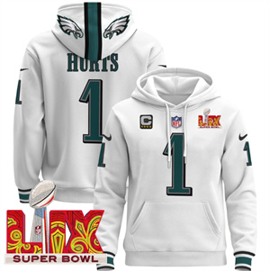 Men's Philadelphia Eagles Super Bowl LIX Patch Pullover Hoodie White Jalen Hurts 1