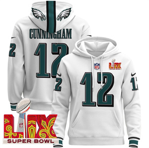 Men's Philadelphia Eagles Super Bowl LIX Patch Pullover Hoodie White Randall Cunningham 12