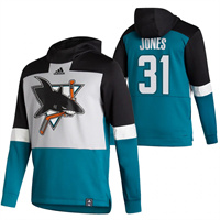 San Jose Sharks #31 Martin Jones Reverse Retro Pullover Hoodie Gray Teal